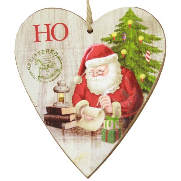 Χριστουγεννιάτικη Κρεμαστή Ξύλινη Καρδιά, με Άγιο Βασίλη σε Γραφείο (12cm)
